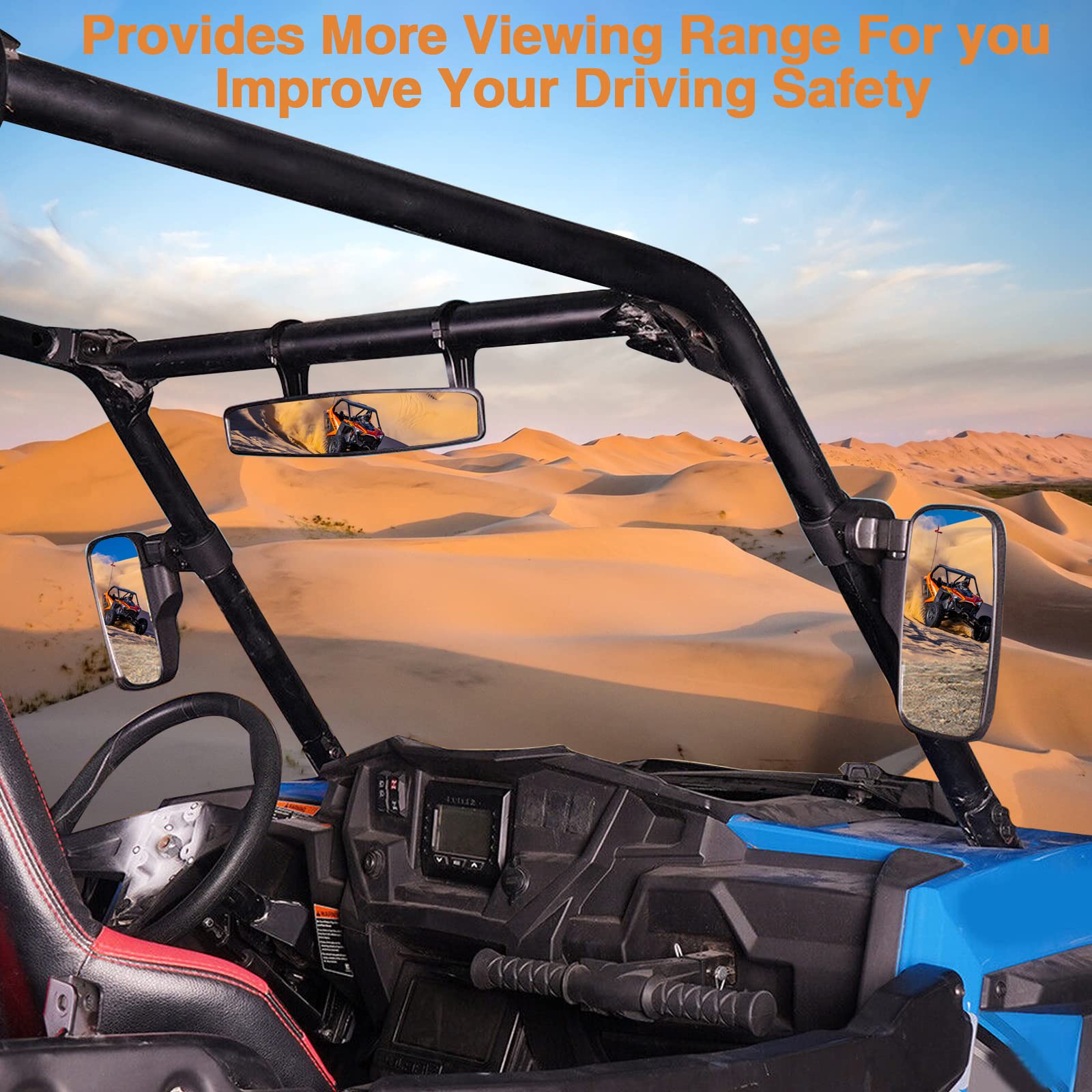 Utv Side Rear View Mirror With 1.75' To 2' Roll Bar Cage Compatible With Polaris Rzr Honda Pioneer Yamaha Rhino Kawasaki Teryx, With Center View Mirror